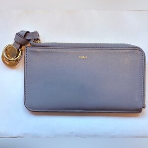 Chloe Alphabet Wallet Card Holder smooth blue gray leather gold hardware C charm